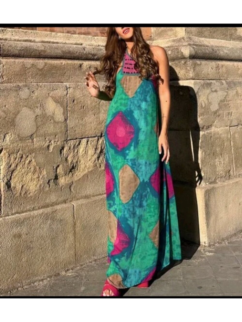 Zara Open Back Crochet Beaded Chest Lined Maxi Dress Sz M Boho Festival